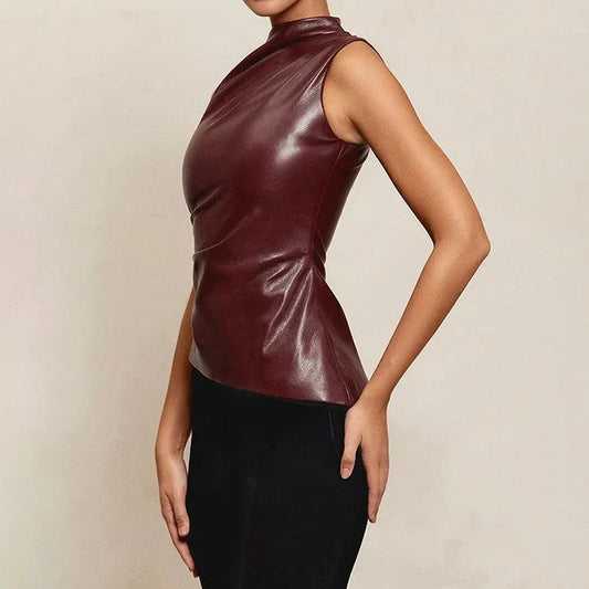 PU Leather Sleeveless Turtle Neck Top