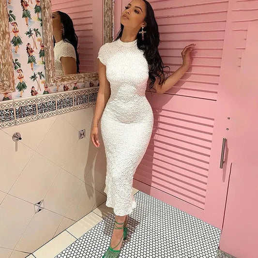 Lace Short Sleeve Long Bodycon Dress