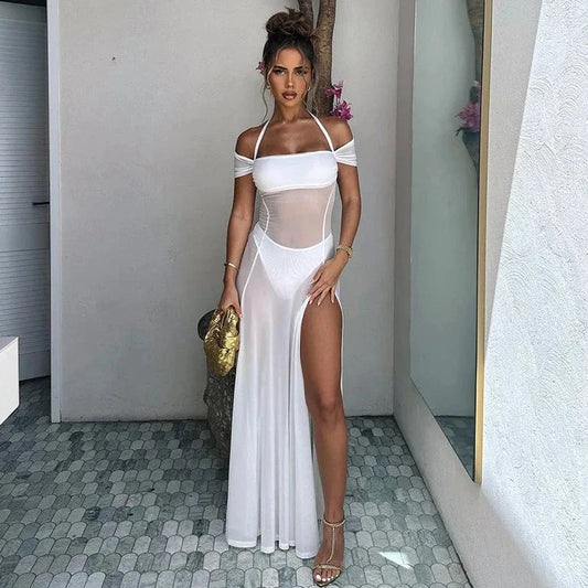 See- Through Halter Neck Slit Cut Beach Dress