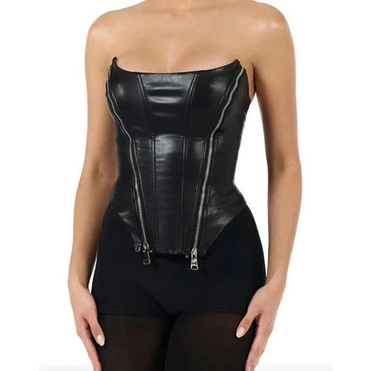 PU Leather Zipper Up Tube Top