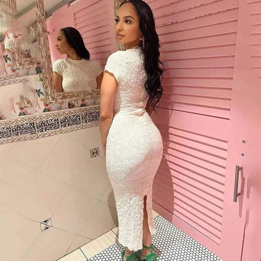 Lace Short Sleeve Long Bodycon Dress