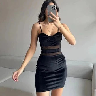 Trending Velvet Mesh Spliced Dress