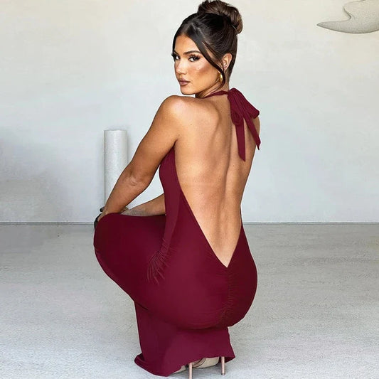 Halter Deep V Sexy Ruched Backless Dresses