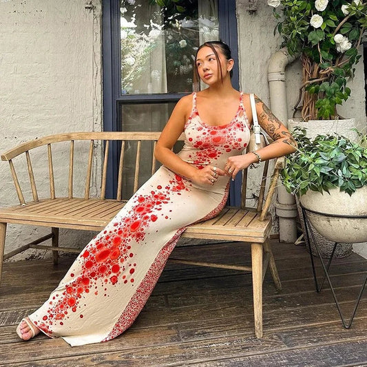 Red Dots Sleeveless Maxi long Dress