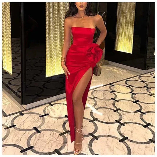 Satin Flowered Tube Slit Cut Dress