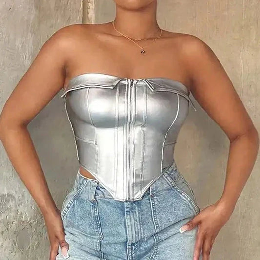 PU Leather Metallic Tube Corset Top