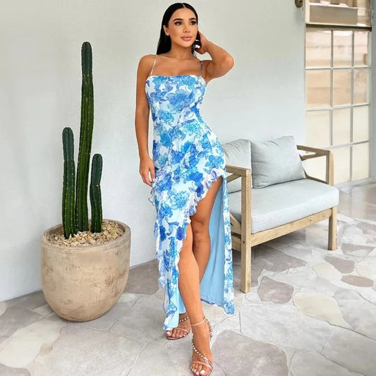 Floral Printed Sleeveless Slit Cut Dress