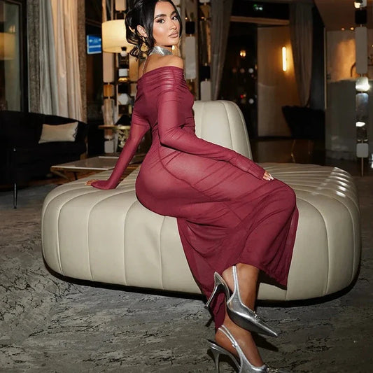 Long Sleeve See- Through Slit Dress