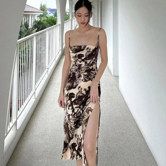 Printed Sleeveless Side Slit Dress