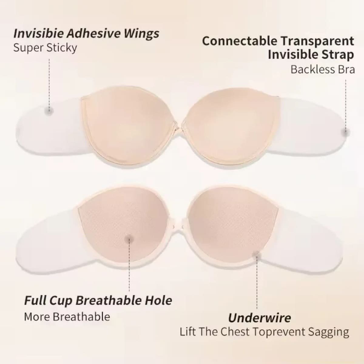 Invisible Essentials Women's Underwired Push Up Sticky Bra Transparent Back Strap Black
