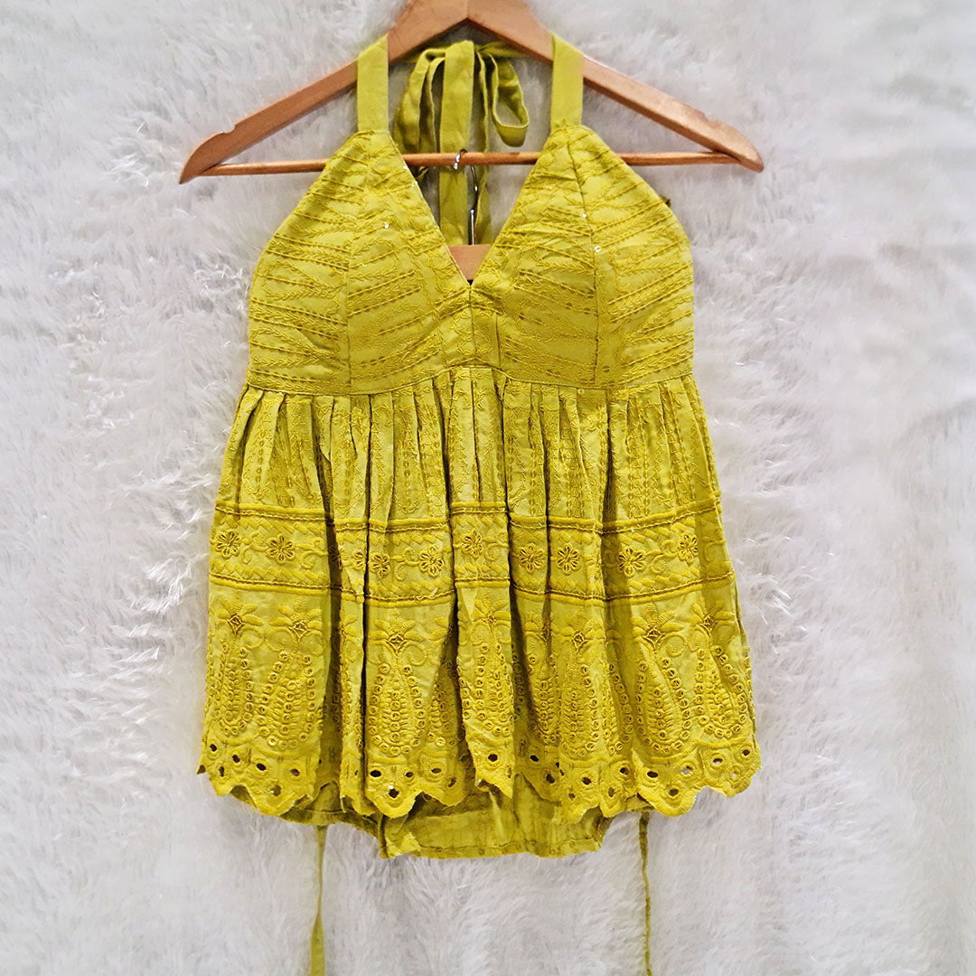 Light Lime Green Chikan Halter Neck Cotton Removable Padded Top