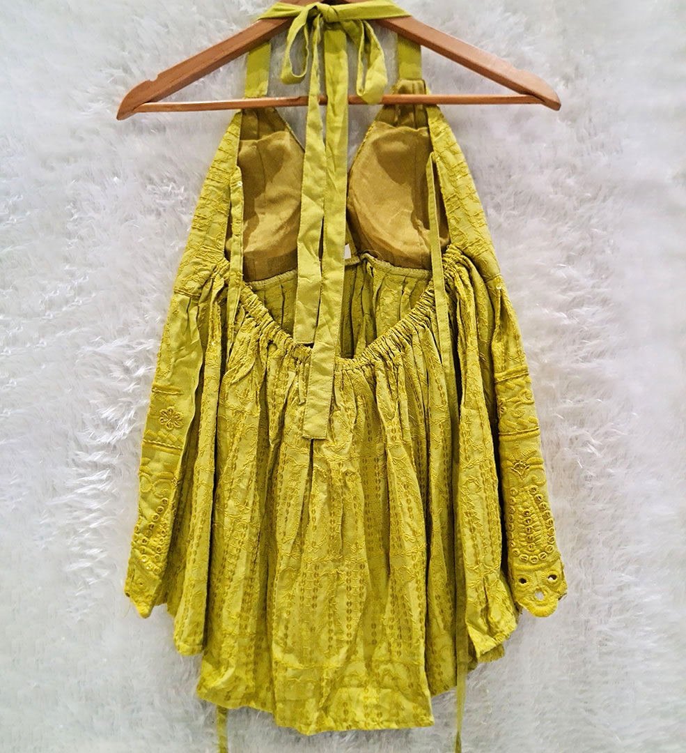Light Lime Green Chikan Halter Neck Cotton Removable Padded Top