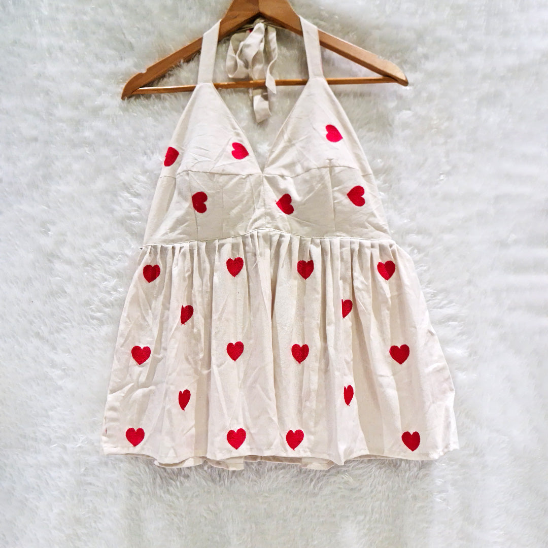 Milky White Heart Embrodired Padded Halter Neck Cotton Top