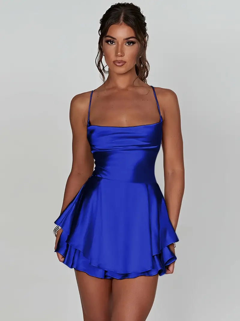 Frida Satin Mini Dress with Spaghetti Straps & Tiered Skirt