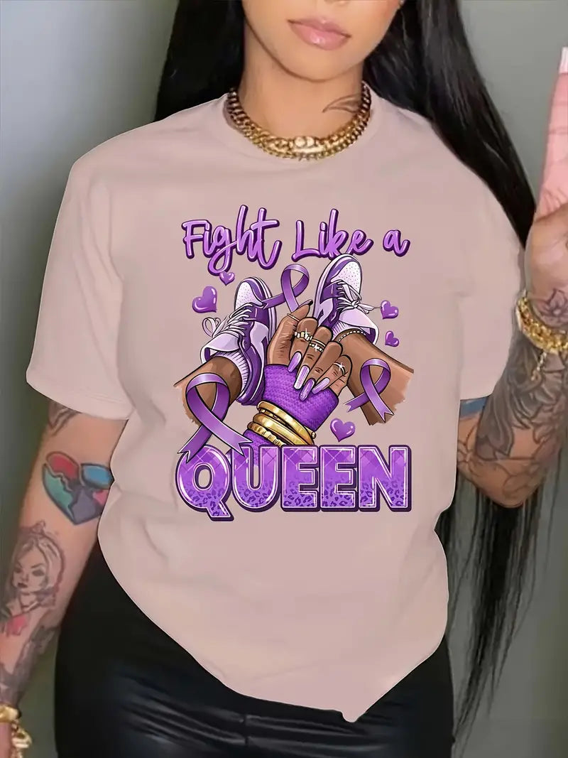 Queen Print T-Shirt - Soft Micro Elasticity Crew Neck Top for Women