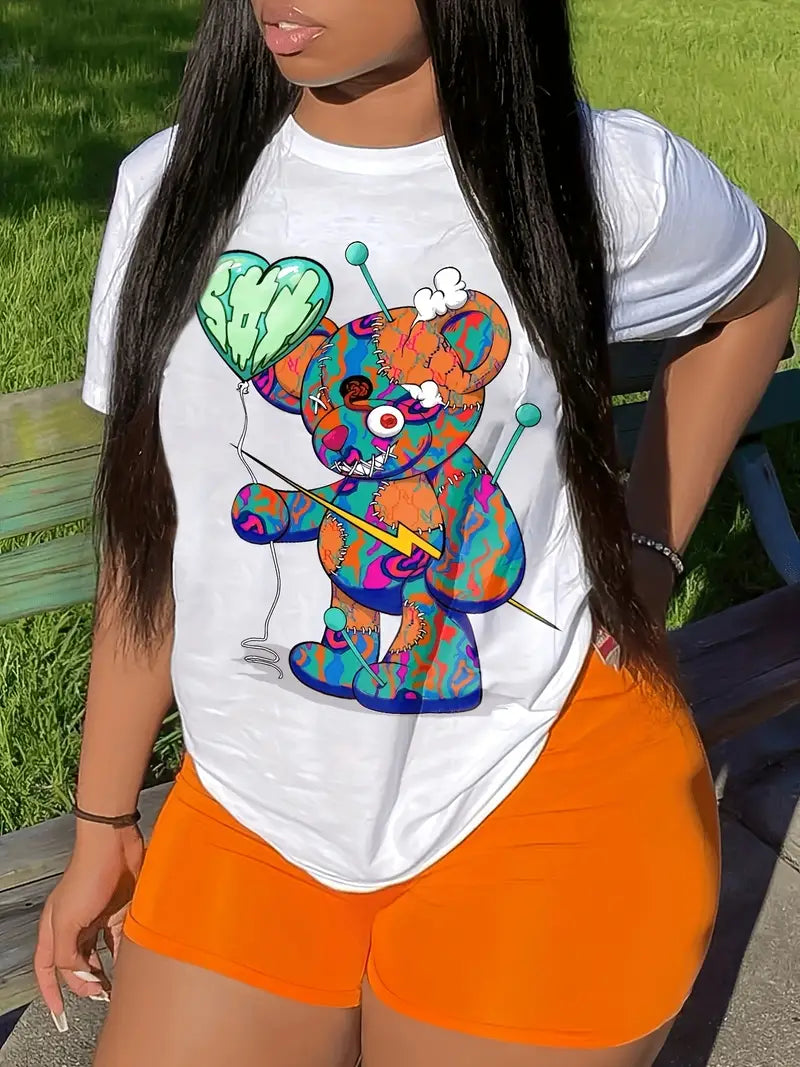 Chic & Fun Bear Cartoon Print Crew Neck T-Shirt for Women