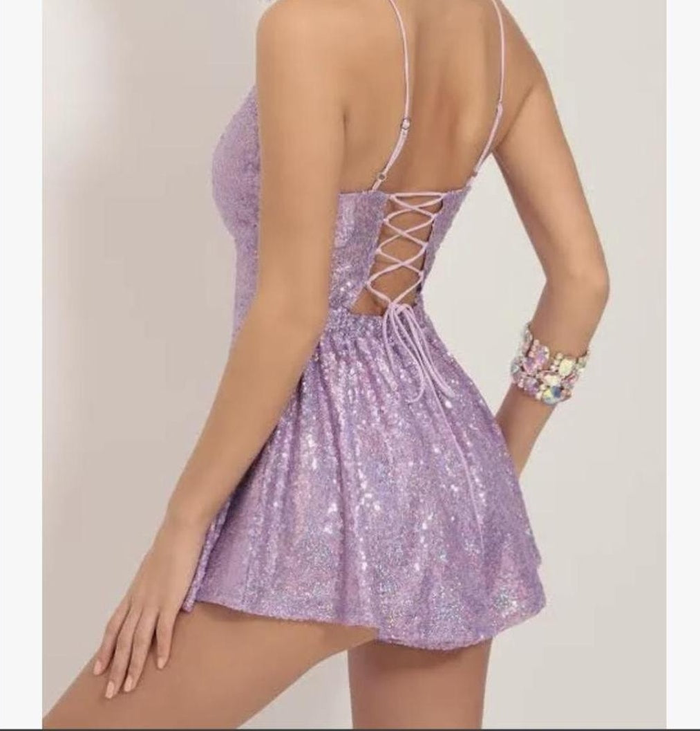 Sequin V-Neck Sleeveless Lace-Up Back Short Party Dress