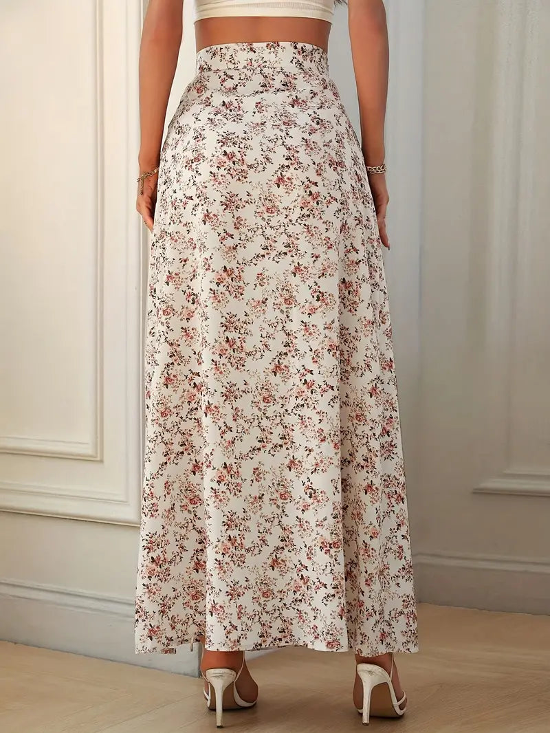 Elegant High Waist Floral Maxi Skirt with Side Split - Comfort Stretch, Season-Versatile, Easy Care - Women's Fashion