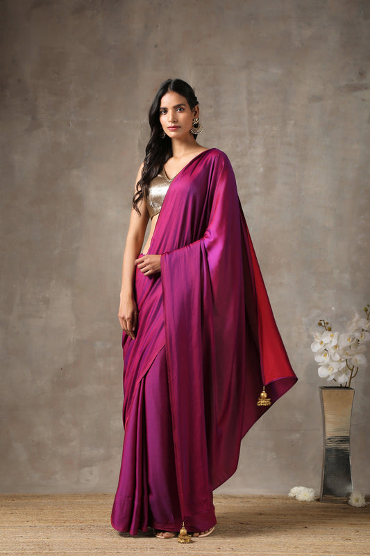 Plum Satin Saree - One Size