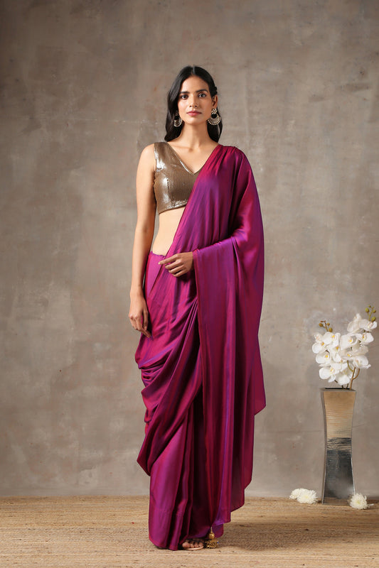 Plum Satin Saree - One Size