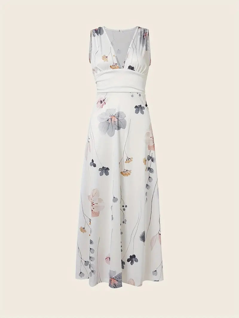 Elegant Floral Maxi Dress with Plunging Neckline - Sleeveless, Versatile Summer Wear for Women