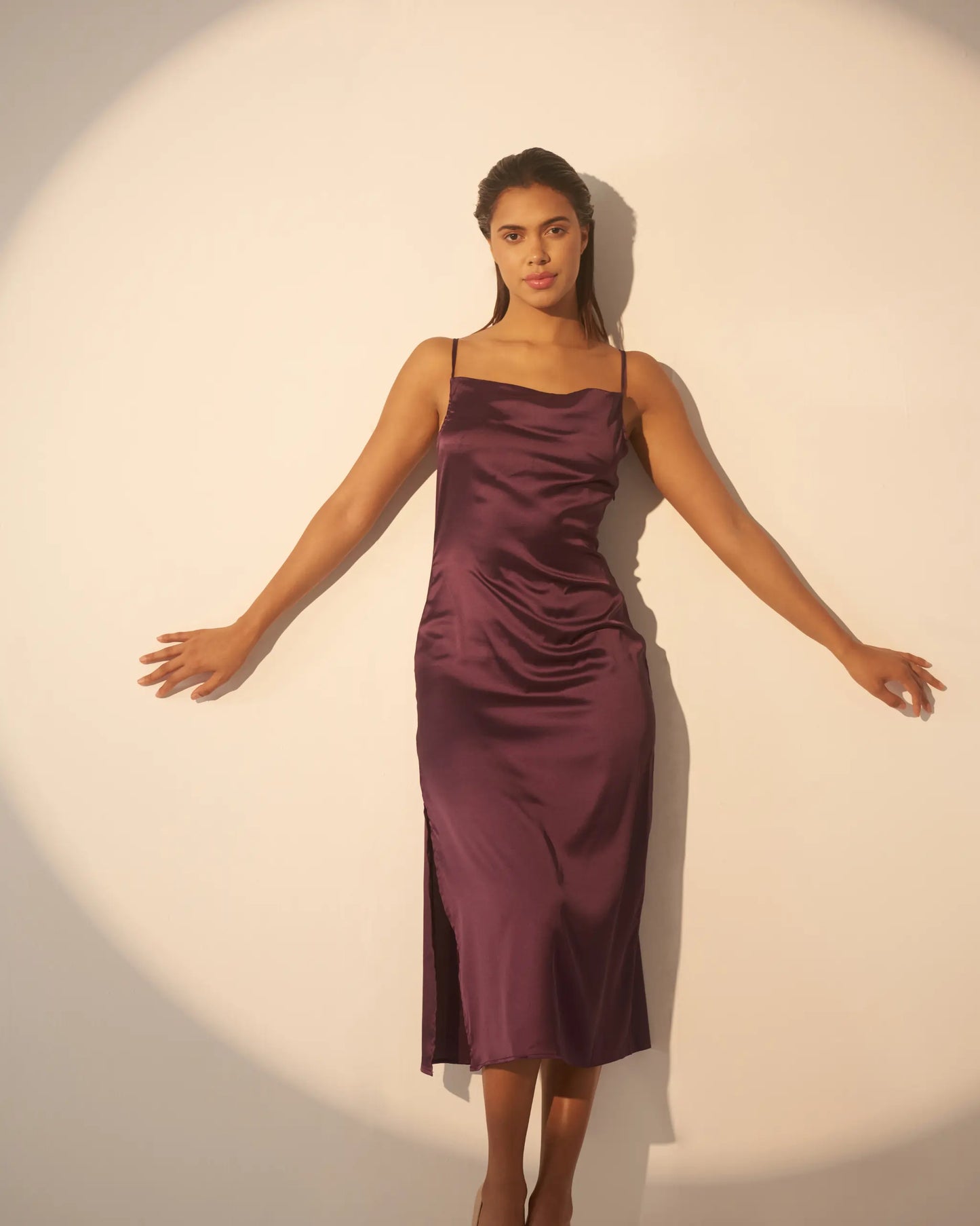 EVERLASTING LOVE – Violet satin cowl neck slip dress