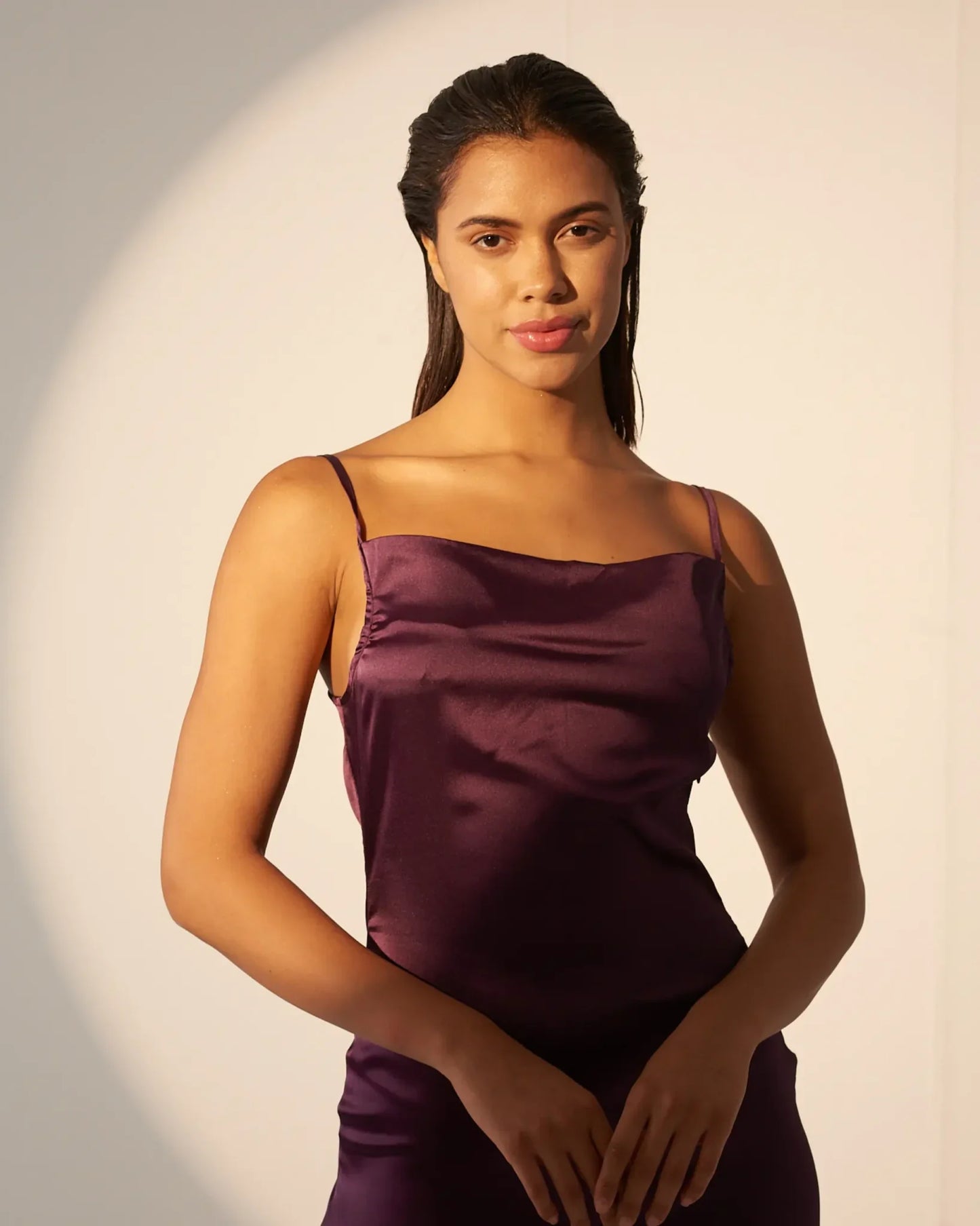 EVERLASTING LOVE – Violet satin cowl neck slip dress