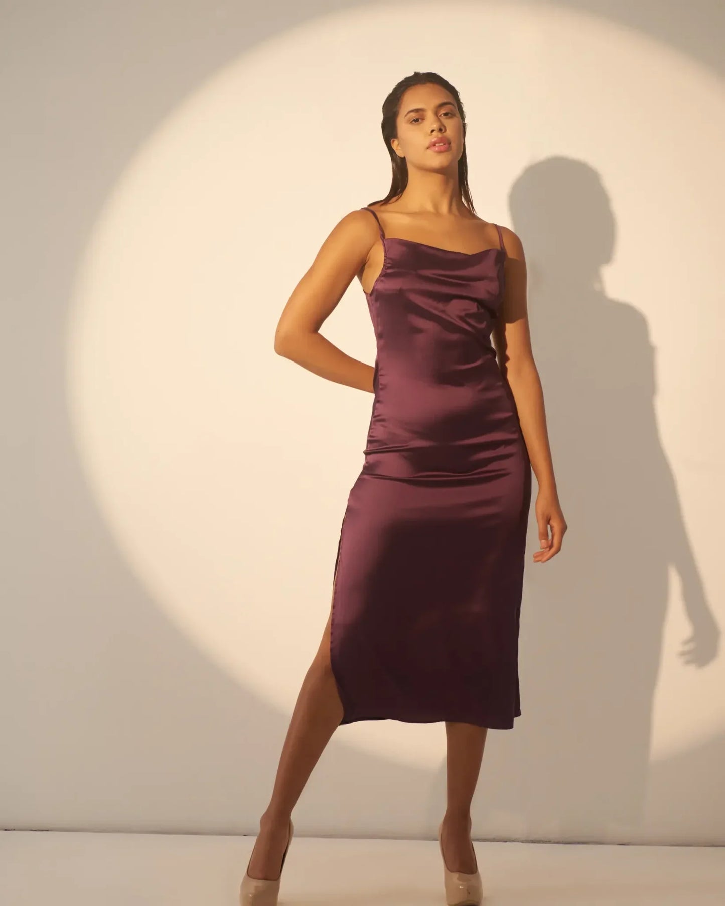 EVERLASTING LOVE – Violet satin cowl neck slip dress