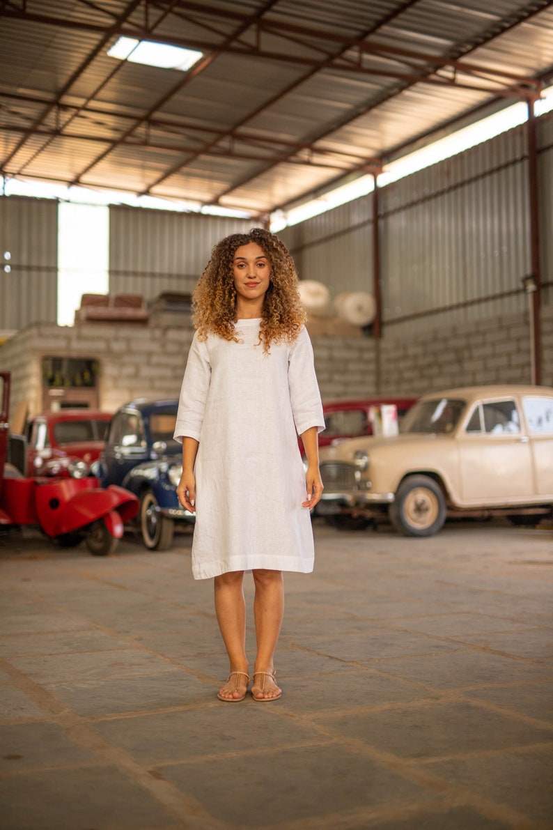 Oversized Linen Dress, Loose Fit Linen Tunic, White Colour, Casual Dress With Pockets, Comfy Long Top, Plus Size