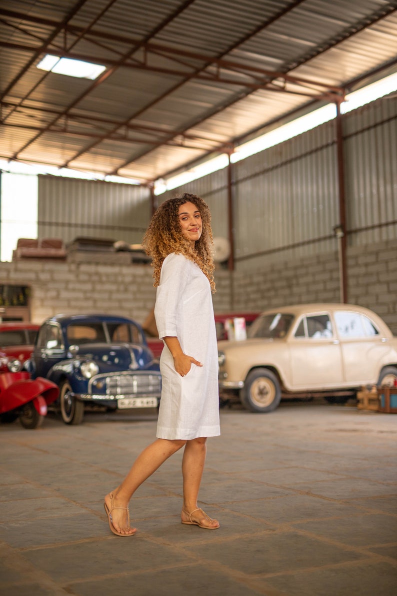 Oversized Linen Dress, Loose Fit Linen Tunic, White Colour, Casual Dress With Pockets, Comfy Long Top, Plus Size