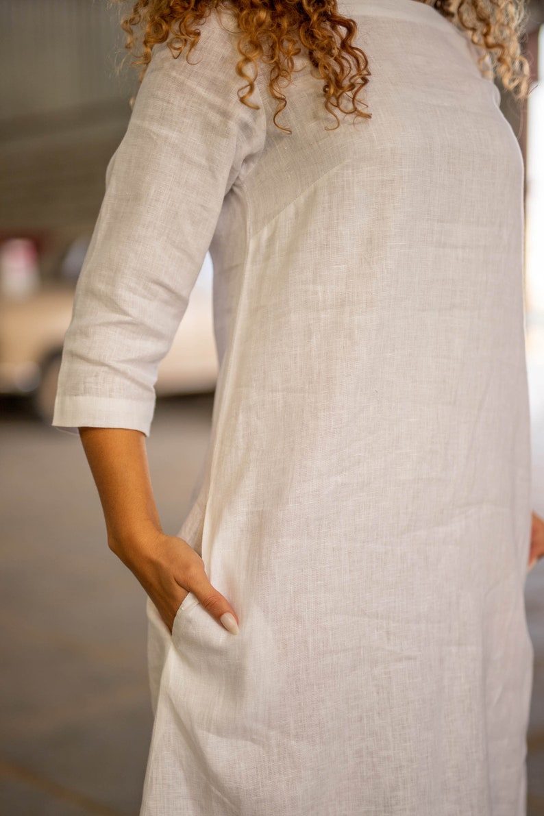 Oversized Linen Dress, Loose Fit Linen Tunic, White Colour, Casual Dress With Pockets, Comfy Long Top, Plus Size