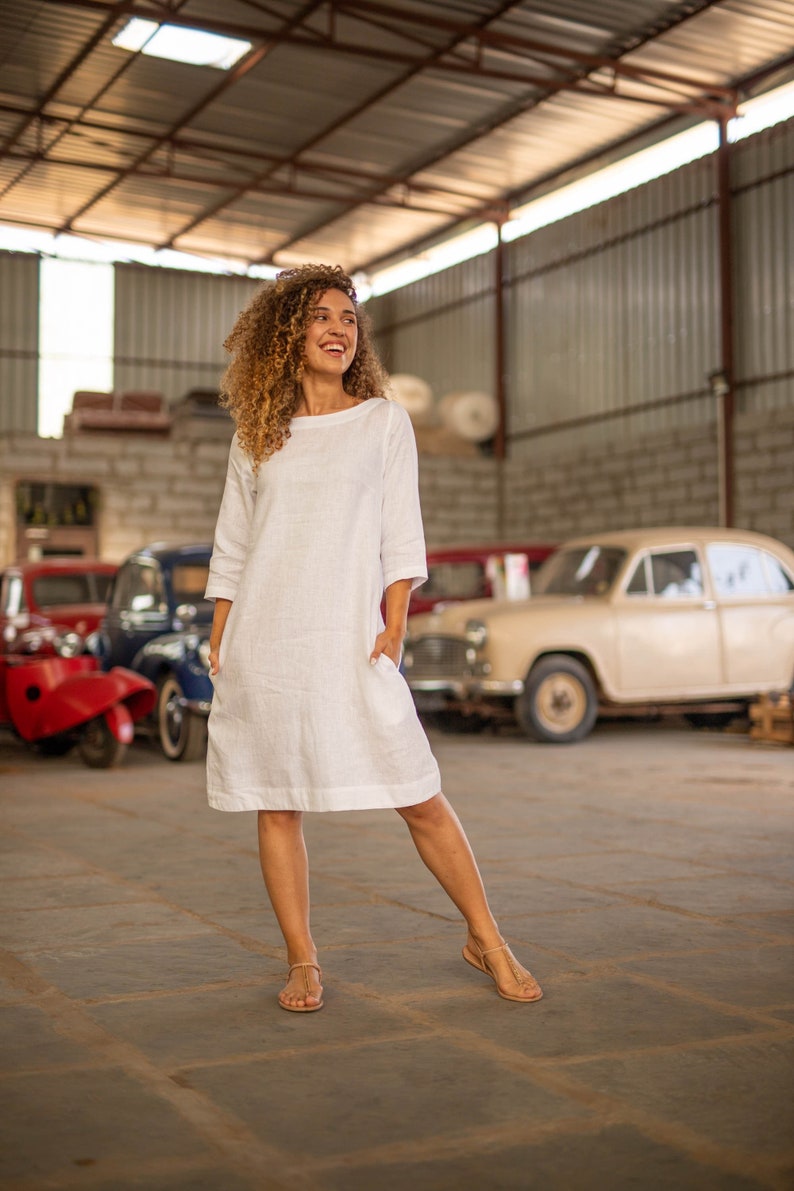 Oversized Linen Dress, Loose Fit Linen Tunic, White Colour, Casual Dress With Pockets, Comfy Long Top, Plus Size